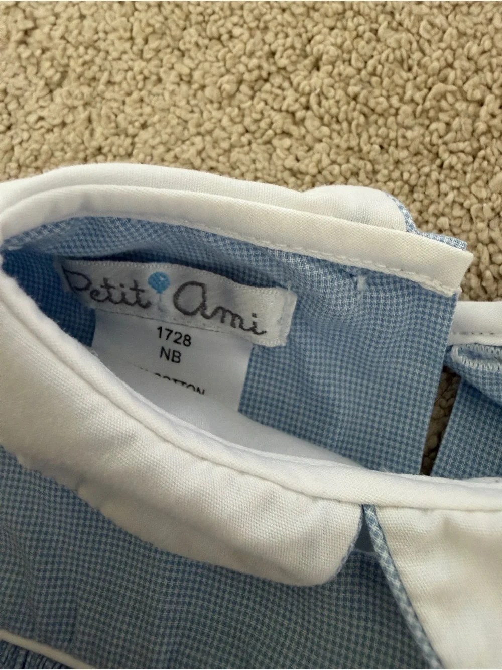 Petit Ami Light Blue Gingham Baby Romper with White Collar